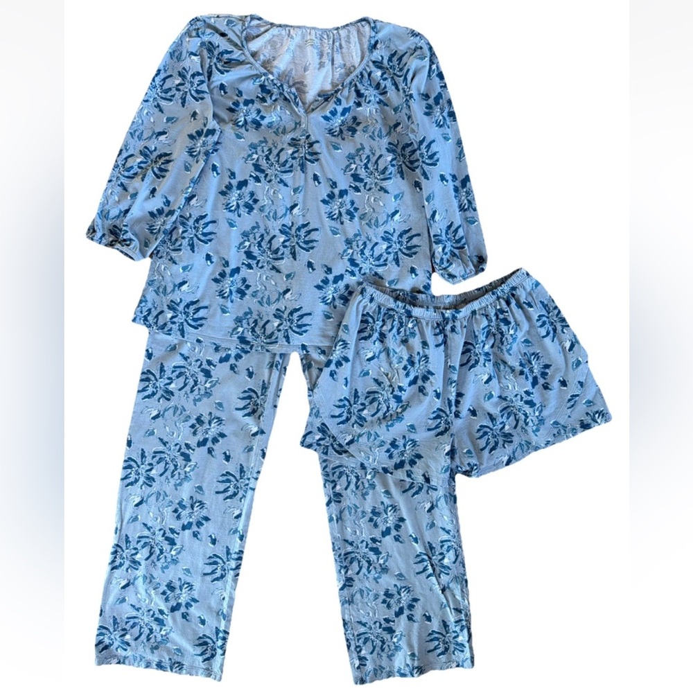 Garnet Hill Green Cotton Blue Floral Print 3-Piece Pajama Set Size Small